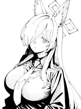 1girl animal_ear_fluff animal_ears blue_archive breasts closed_mouth collared_shirt commentary_request dog_ears dog_girl expressionless hair_over_one_eye halo highres kani_ka_nanika kanna_(blue_archive) large_breasts long_bangs long_hair long_sleeves necktie shirt solo tie_clip very_long_hair