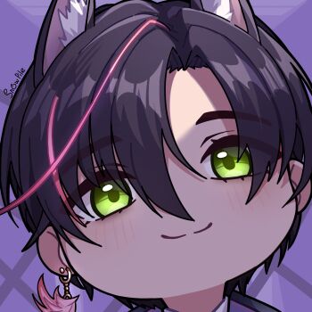 1boy absurdres animal_ear_fluff animal_ears arknights artist_name closed_mouth commentary earrings english_commentary fox_boy fox_ears green_eyes highres jewelry looking_at_viewer male_focus multicolored_hair mutsuki_face_(blue_archive) pileofsnow pink_hair short_hair single_earring solo streaked_hair suzuran's_father_(arknights) very_short_hair