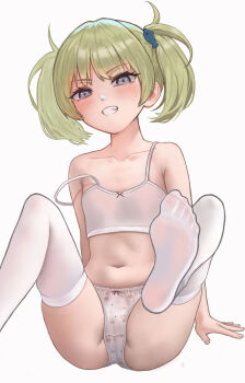 1girl absurdres arisku arm_support bare_arms bare_shoulders bow bow_bra bow_panties bra breasts collarbone fish_hair_ornament green_hair grey_background grey_eyes grin hair_ornament highres loli looking_at_viewer navel no_shoes original panties print_panties simple_background small_breasts smile soles solo strap_slip thighhighs twintails underwear underwear_only white_background white_bra white_panties white_thighhighs x_x
