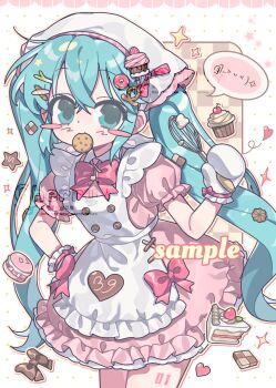 Rule 34 | 1girl, absurdres, ai ying ying ying ying, alternate costume, apron, baguette, blue eyes, blue hair, bow, bowtie, bread, brown bow, cake, checkerboard cookie, checkerboard cookie hair ornament, chinese commentary, commentary request, cookie, cookie hair ornament, cowboy shot, crossed bangs, cupcake, donut, donut hair ornament, dress, drop shadow, emoticon, food, food-themed hair ornament, food in mouth, frilled apron, frilled dress, frilled sleeves, frills, fruit, hair between eyes, hair ornament, hairclip, hand on own hip, hatsune miku, headscarf, heart, highres, holding, holding whisk, kaomoji, leaning forward, leg tattoo, long hair, looking at viewer, macaron, mittens, mouth hold, musical note ornament, number tattoo, outline, oven mitts, petticoat, pink bow, pink bowtie, pink dress, pretzel, puffy short sleeves, puffy sleeves, sample watermark, short sleeves, sidelocks, solo, sparkle, speech bubble, spoken expression, spring onion, strawberry, tattoo, twintails, very long hair, vocaloid, watermark, whisk, white apron, white headscarf, white mittens, yellow outline