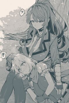 2girls borrowed_character breasts character_request cleavage_cutout clothing_cutout commission dappled_sunlight fingerless_gloves fumato gloves greyscale hat heterochromia highres jacket lap_pillow large_breasts military_hat military_jacket military_uniform monochrome multiple_girls original sharyn_rose sunlight tagme tree tsurime under_tree