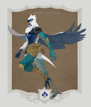 1boy animal_feet bird_boy blue_eyes blue_feathers blue_wings brown_background claws commentary_request elbow_gloves feathered_wings feathers full_body furry furry_male gloves highres looking_at_viewer male_focus nagabe original pixiv_fantasia pixiv_fantasia_new_world single_glove solo tail topless_male white_feathers white_wings wings