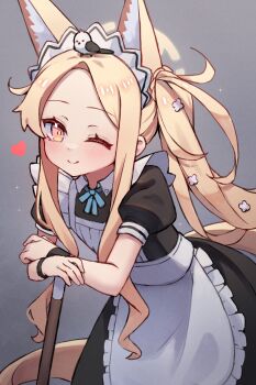 1girl animal animal_ears animal_on_head apron aris_(blue_archive) aris_(blue_archive)_(cosplay) aris_(maid)_(blue_archive) bird bird_on_head black_dress blonde_hair blue_archive blue_ribbon closed_mouth cosplay dress extra_ears forehead fox_ears fox_girl fox_tail frilled_apron frills halo heart highres leaning_forward long_hair maid maid_apron maid_headdress miya_(miyaruta) neck_ribbon on_head one_eye_closed pink_eyes puffy_short_sleeves puffy_sleeves ribbon seia_(blue_archive) short_sleeves side_ponytail smile solo tail white_apron yellow_halo