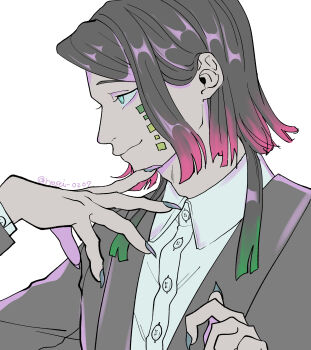 1boy absurdres asymmetrical_bangs black_jacket buttons closed_mouth colored_tips commentary_request demon_boy enmu_(kimetsu_no_yaiba) facial_mark finger_to_own_chin fingernails from_side girly_boy green_eyes hands_up highres jacket kimetsu_no_yaiba long_fingernails long_sleeves looking_ahead male_focus medium_hair multicolored_hair profile ryosei_0207 sharp_fingernails simple_background smirk solo suit_jacket symbol-shaped_pupils tears_facial_mark trap twitter_username undershirt upper_body white_background