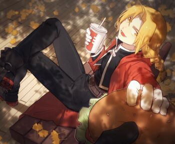1boy 1other :d ahoge ankle_boots autumn_leaves belt bench black_boots black_pants blonde_hair boots braid braided_ponytail brown_belt burger cup curtained_hair day disposable_cup drinking_straw edward_elric figure_four_sitting food foreshortening from_above from_side full_body fullmetal_alchemist gloves highres holding holding_burger holding_cup holding_food jacket leaf long_hair looking_at_viewer male_focus on_bench open_clothes open_jacket open_mouth outdoors pants park_bench path pov pudding49500 reaching reaching_towards_viewer red_jacket road sitting smile solo_focus white_gloves yellow_eyes