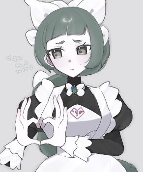 1girl apron blunt_bangs bow bowtie braid braided_ponytail green_hair heart heart_hands highres juliet_sleeves lebanne_(pokemon) long_braid long_hair long_sleeves maid maid_apron maid_headdress nintendo pink_lips pokemon pokemon_legends:_z-a puffy_sleeves raised_eyebrows sweatdrop upper_body white_bow white_bowtie yon_(motomu22)
