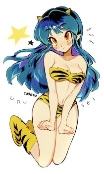 1girl animal_print aqua_hair artist_name bikini breasts clenched_hands collarbone commentary cone_horns full_body highres horns long_hair looking_at_viewer lum navel orange_eyes pointy_ears print_bikini print_boots sidelocks solo soreeyu_(sore-yu) star_(symbol) swimsuit tiger_print urusei_yatsura