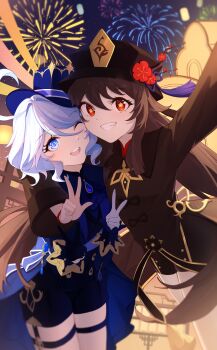 Rule 34 | 2girls, absurdres, blue eyes, blue hair, brown hair, furina (genshin impact), genshin impact, gloves, hat, highres, hu tao (genshin impact), light blue hair, long hair, multiple girls, open mouth, qi di xiong, smile, twintails