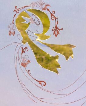 Rule 34 | 1girl, :|, arched back, arms up, blush, bob cut, closed mouth, colored skin, female focus, flower, gardevoir, gen 3 pokemon, grass, green hair, green skin, hair over one eye, kirigami (medium), leaning forward, light blush, looking afar, nintendo, one eye covered, outstretched arms, papercraft (medium), partially colored, pokemon, pokemon (creature), powerpuff (pixiv 60944739), rose, short hair, solo, standing, traditional media, white background