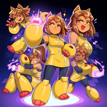 1girl animal_ears brown_hair cat_ears cat_girl cat_tail dark-skinned_female dark_skin dress furry furry_female gameoverse gauntlets goggles goggles_on_head highres kit_bodega otarook red_eyes short_hair tail tan whiskers yellow_dress yellow_gauntlets