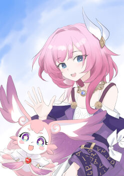 1girl absurdres bare_shoulders blue_eyes blue_sky breasts coat commentary_request cyrene_(aedes_elysiae)_(honkai:_star_rail) cyrene_(honkai:_star_rail) dress hair_ornament highres honkai:_star_rail honkai_(series) imonoiruku jewelry looking_at_viewer mem_(honkai:_star_rail) multicolored_hair necklace pink_hair purple_coat sky small_breasts smile star-shaped_pupils star_(symbol) symbol-shaped_pupils two-tone_hair white_dress white_hair