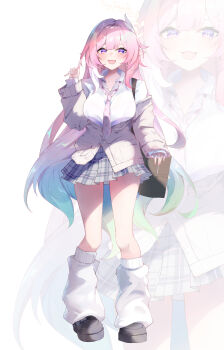 1girl absurdres alternate_costume aqua_hair bag black_shoes breasts brown_sweater commentary cyrene_(demiurge)_(honkai:_star_rail) cyrene_(honkai:_star_rail) diamond-shaped_pupils diamond_(shape) elphe english_commentary grey_skirt highres honkai:_star_rail honkai_(series) large_breasts leg_warmers long_hair miniskirt multicolored_hair pink_hair pointy_ears purple_eyes school_bag school_uniform shirt shoes skirt smile solo sweater symbol-shaped_pupils very_long_hair white_background white_hair white_leg_warmers white_shirt zoom_layer