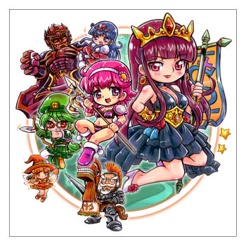 2boys 6+girls absurdres amazon_(mamotte_knight) archer_(mamotte_knight) armor arrow_(projectile) banner beard belt beret bikini_armor black_choker black_dress black_eyes blue_eyes blue_hair blunt_bangs bow_(weapon) bracelet bracer breasts captured character_request chibi choker closed_mouth colored_sclera commentary_request crying crying_with_eyes_open deformed drawing_bow dress dress_flower facial_hair fairy fairy_wings flower flower_hairband footwear_flower gem giant glint gold_belt green_hair green_shirt green_skirt grin hairband hammer hand_on_own_hip hat heart-shaped_gem highres hobby_horse holding holding_banner holding_bow_(weapon) holding_hammer holding_polearm holding_weapon jewelry knight kokomahi lance lipstick long_hair makeup mamotte_knight medium_breasts medium_hair miyama_(mamotte_knight) multiple_boys multiple_girls muscular muscular_male mustache no_pupils official_art old old_guy_(mamotte_knight) old_man open_mouth orange_dress orange_eyes orange_hair pink_eyes pink_gemstone pink_hair pleated_skirt polearm princess_lola princess_maria_(mamotte_knight) purple_eyes purple_hair purple_lips red_eyes red_flower red_gemstone red_hair red_rose rose shirt shoes short_hair skirt sleeveless sleeveless_dress smile sparkle spear star_(symbol) tears tiara weapon white_dress white_hair white_hairband white_shoes wings witch_hat yellow_sclera