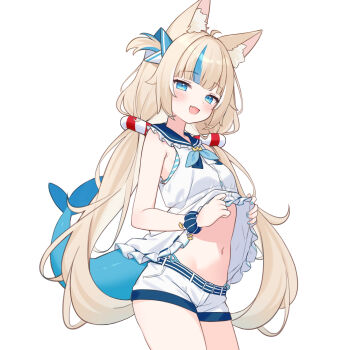 1girl ahoge animal_ear_fluff animal_ears bikini blonde_hair blue_bikini blue_bow blue_eyes blue_streaks blush bow breasts cat_ears cat_girl clothes_lift collared_shirt commentary crop_top ear_bow english_commentary fang fins fish_girl fish_tail flat_chest frilled_sailor_collar frilled_shirt_collar frills hair_ornament highres hitsukuya indie_virtual_youtuber lifebuoy lifebuoy_hair_ornament loli long_hair looking_at_viewer multicolored_hair navel open_mouth ribbon sailor_collar sameko_saba shirt shirt_lift shorts side-tie_bikini_bottom sidelocks simple_background sleeveless sleeveless_shirt small_breasts smile streaked_hair swim_ring swimsuit swimsuit_under_clothes tail twintails very_long_hair white_background white_shirt white_shorts