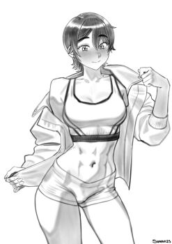 1girl abs absurdres blush crop_top greyscale highres jacket long_sleeves looking_down mole monochrome muscular muscular_female original partially_undressed short_hair signature sketch smile sunna_(nilsunna) thick_thighs thighs tomboy toned toned_female underwear undressing white_background