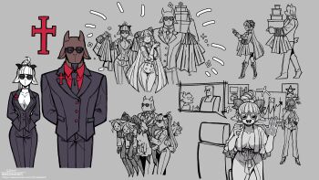 1boy 2girls absurdres animal_ears black_horns bodysuit breasts cerberus_(helltaker) concept_art demon_girl demon_horns demon_tail everyone formal_clothes furry glasses goat_bodyguard_(grizz) goat_boy goat_ears goat_girl goat_horns goat_tail grey_background greyscale grizz hair_bun helltaker helltaker_(character) highres holding horns large_breasts lineart long_hair looking_at_viewer lucifer_(helltaker) monochrome multiple_girls necktie original parody personification ponytail red_shirt reference_sheet shirt simple_background sketch standing style_parody suit sunglasses tail vanripper_(style) white_hair