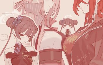 3girls bare_arms bare_shoulders black_dress black_gloves black_hair black_jacket black_necktie blue_archive blush breasts butterfly_hair_ornament china_dress chinese_clothes clenched_teeth closed_mouth double_bun dress fight_yoghurt gloves green_hair grey_jacket hair_bun hair_ornament halo hands_on_own_chest jacket kisaki_(blue_archive) large_breasts long_hair looking_down medium_breasts mina_(blue_archive) multiple_girls necktie open_clothes open_jacket red_dress red_hair reijo_(blue_archive) sleeveless sleeveless_dress small_breasts striped_clothes striped_jacket teeth twintails vertical-striped_clothes vertical-striped_jacket