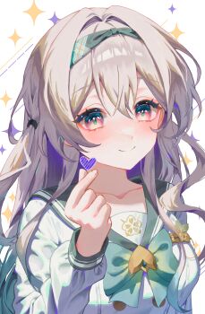 1girl absurdres black_hairband black_sailor_collar blush bow breasts closed_mouth collarbone finger_heart firefly_(honkai:_star_rail) firefly_(spring_missive)_(honkai:_star_rail) green_bow grey_hair hair_between_eyes hair_ornament hairband highres honkai:_star_rail honkai_(series) long_sleeves looking_at_viewer medium_breasts official_alternate_costume pink_eyes reosroom sailor_collar school_uniform serafuku simple_background smile solo upper_body white_background