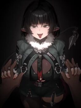 1boy 1girl animal_ear_piercing animal_ears animated annoyed assertive_female asymmetrical_legwear black_background black_gloves black_hair black_pantyhose black_shirt black_shorts black_thighhighs bouncing_breasts breasts chiyo1000nights closed_mouth collarbone cowboy_shot cropped_jacket cropped_shirt curvy dark-skinned_male dark_skin dot_nose fingerless_gloves fingernails fur-trimmed_jacket fur_trim garter_straps gloves grey_eyes grey_jacket half-closed_eyes hetero high-waist_shorts holding_hands interlocked_fingers interracial jacket jane_doe_(zenless_zone_zero) large_breasts lips live2d long_sleeves looking_at_viewer medium_hair mihoyo moaning moecode mouse_ears mouse_girl mouse_tail nail_polish naughty_face navel nipples open_mouth opennsfwsp pantyhose penis piercing pov pov_crotch pov_hands pussy red_nails sex shirt shorts simple_background single_leg_pantyhose single_thighhigh smile smug solo_focus sound standing standing_sex straight-on tagme tail thighhighs thighs tongue tongue_out uncensored vaginal very_dark_skin video wide_hips yandere zenless_zone_zero
