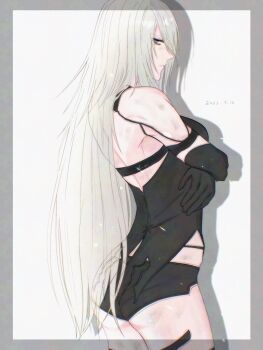 1girl a2_(nier:automata) bare_shoulders black_gloves black_shirt black_shorts border breasts cowboy_shot crossed_arms dated dirty dirty_face elbow_gloves gloves grey_border grey_hair hair_over_one_eye highres long_hair looking_at_viewer lux_spei medium_breasts micro_shorts midriff nier:automata nier_(series) profile shirt shorts solo white_background