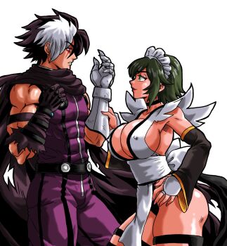1boy 1girl ass assertive_female black_cloak black_hair black_thighhighs blue_eyes breasts choker cleavage cloak closed_mouth covered_erect_nipples crossover facial_scar flipped_hair flirting frilled_leotard frills gloves hair_ornament hand_on_own_hip highres iroha_(samurai_spirits) japanese_clothes large_breasts leotard maid maid_headdress maid_leotard metal_gloves multicolored_hair muscular muscular_male nameless_(kof) nestsn97 open_mouth parted_lips red_lips samurai_spirits scar scar_across_eye scar_on_cheek scar_on_face seductive_gaze seductive_smile short_hair sideboob smile snk split-color_hair the_king_of_fighters the_king_of_fighters_2002 thighhighs thighs two-tone_hair unconventional_maid white_hair