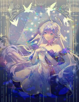 1girl absurdres aqua_eyes bare_shoulders bird black_sleeves chinese_commentary choker closed_mouth commentary_request detached_sleeves dress elbow_gloves enderrabbit gloves halo head_wings highres honkai:_star_rail honkai_(series) long_hair own_hands_together purple_choker robin_(honkai:_star_rail) short_sleeves sleeveless sleeveless_dress smile solo sparkle star_(symbol) very_long_hair white_dress white_hair white_sleeves white_wings wings