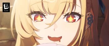 Rule 34 | + +, 1girl, blonde hair, cissia (zenless zone zero), close-up, earrings, fangs, hair between eyes, hair ornament, happy, highres, jewelry, long hair, official art, one side up, open mouth, pom pom (clothes), pom pom hair ornament, red eyes, smile, snake earrings, solo, symbol-shaped pupils, zenless zone zero