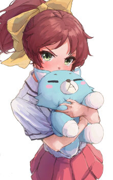 Rule 34 | 1girl, animal ears, baka to test to shoukanjuu, blush, bow, fox, fox ears, frown, fumizuki academy school uniform, green eyes, hair bow, hair ornament, hairclip, looking at viewer, hugging object, red hair, school uniform, shimada minami, shirt, short hair, simple background, skirt, solo, stuffed animal, stuffed toy, syupon, tearing up, white background