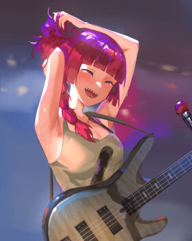 1girl absurdres armpits arms_up blunt_bangs bocchi_the_rock! braid breasts cleavage commentary dress english_commentary green_dress guitar_strap happy_tears highres hiroi_kikuri holding holding_own_hair long_hair microphone microphone_stand omegarer open_mouth purple_hair sharp_teeth single_braid sleeveless sleeveless_dress smile solo standing tears teeth tongue