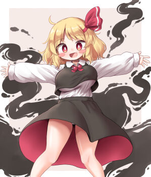 1girl :d ahoge alternate_breast_size_(larger) arinu black_skirt black_vest blonde_hair blush_stickers border breasts bright_pupils collared_shirt commentary_request darkness fang feet_out_of_frame hair_ribbon highres large_breasts medium_hair open_mouth outside_border outstretched_arms panties pantyshot red_eyes red_ribbon ribbon rumia shirt skirt sleeves_past_wrists smile solo spread_arms standing touhou underwear upskirt vest white_border white_pupils white_shirt