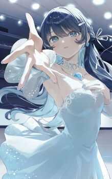 1girl absurdres armpits blue_eyes blue_gem blue_hair blue_nails breasts commission detached_sleeves diamond_(shape) dress earrings gem hair_ornament hair_ribbon hairclip hand_on_own_chest hashtag-only_commentary highres indie_virtual_youtuber jewelry long_hair medium_breasts nanami_urara_(vtuber) off-shoulder_dress off_shoulder open_hand outstretched_arm parted_lips ribbon roena skeb_commission solo stage_lights virtual_youtuber white_dress white_ribbon white_sleeves