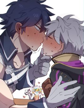 1other 2boys absurdres artist_self-insert black_claws blush chrom_(fire_emblem) claws closed_eyes commentary english_commentary fire_emblem fire_emblem_awakening food furry half-closed_eye hand_on_another's_chin hand_on_another's_shoulder happy_aura head_on_hand heart highres imminent_kiss kiss koge_(natsub_bkoge) male_focus male_robin_(fire_emblem) multiple_boys nintendo original popcorn sparkle sweatdrop tail tail_wagging tongue tongue_out watching white_background yaoi