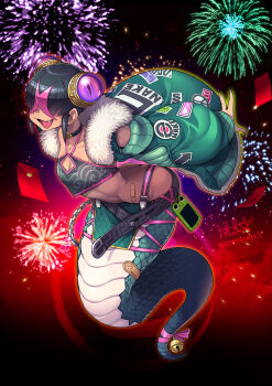 1girl bandaid bell belt black_choker black_hair breasts chain chinese_clothes chinese_zodiac choker cleavage cleavage_cutout clothing_cutout commentary_request dudou extra_eyes fang fireworks full_body fur-trimmed_jacket fur_trim hair_over_eyes halterneck highres jacket jingle_bell lamia monster_girl multicolored_hair original peace_symbol pink_hair pink_ribbon ribbon ryuusei_(mark_ii) short_hair sidelocks signature small_breasts solo streaked_hair tail tail_bell tail_ornament tail_ribbon textless_version twitter_username two-tone_hair year_of_the_snake