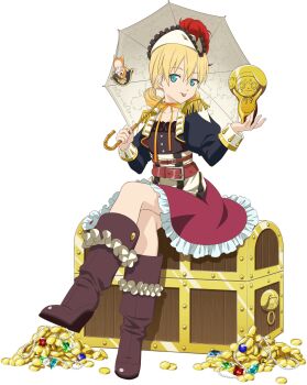 Rule 34 | 1girl, artist request, belt, blonde hair, blue eyes, boots, brown boots, collarbone, edna (tales), full body, game cg, hat, highres, holding, looking at viewer, medium hair, normin (tales), official alternate costume, official art, phoenix (tales), pirate costume, pirate hat, skirt, solo, tales of (series), tales of asteria, tales of zestiria, third-party source, tongue, tongue out, transparent background, twintails, umbrella, white umbrella