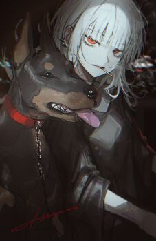 1girl absurdres chain cigarette collar commentary dobermann dog ear_piercing english_commentary highres long_hair noubin orange_eyes original pale_skin piercing red_collar tongue tongue_out white_hair