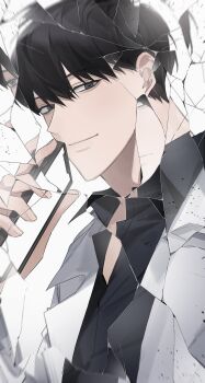 Rule 34 | 1boy, aegyo sal, black eyes, black hair, black shirt, broken glass, coat, collared shirt, glass, highres, holding, holding phone, kim dokja, male focus, omniscient reader's viewpoint, open clothes, open coat, phone, reflection, refraction, shirt, short hair, smile, smirk, tanppopo9, upper body, white coat