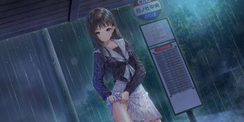 1girl black_hair blue_eyes blue_reflection_(series) blue_reflection_sun blue_shirt breasts bus_stop closed_mouth collarbone dutch_angle game_cg highres kishida_mel long_hair long_sleeves medium_breasts midriff_peek non-web_source official_art outdoors rain sailor_collar shirt sign skirt solo straight_hair tree wet wet_clothes white_sailor_collar white_skirt wringing_clothes wringing_skirt xiao_meiqi