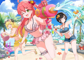 3girls absurdres ahoge arm_up armpits bare_shoulders bikini bikini_bottom_under_shorts bikini_skirt bikini_under_clothes black_hair blonde_hair blue_bikini blush breasts bucket closed_eyes collarbone commentary_request eyewear_on_head flower frilled_thigh_strap green_eyes hair_flower hair_ornament highres holding holding_bucket holding_water_gun hololive holonatsu_paradise horns leo_(f_mmmnkm_paint) long_hair looking_at_viewer medium_breasts multiple_girls navel one_eye_closed oozora_subaru open_mouth pink_bikini pink_hair sakura_miko sandals shorts smile standing standing_on_one_leg stomach swimsuit thigh_strap tsunomaki_watame virtual_youtuber water_gun yellow_bikini
