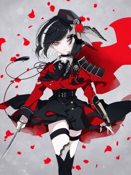 1boy absurdres arm_armor armor belt black_belt black_hair black_necktie black_shorts black_thighhighs colored_inner_hair cowboy_shot cropped_jacket expressionless eyeliner fingerless_gloves fishnet_gloves fishnets flower gloves hat hat_flower highres jacket japanese_armor kote kyogoku_masamune looking_at_viewer makeup male_focus mini_hat multicolored_hair necktie red_eyeliner red_eyes red_flower red_jacket red_rose rose seira_jablko short_hair shorts shoulder_armor solo tassel thigh_strap thighhighs touken_ranbu trap two-tone_hair zettai_ryouiki