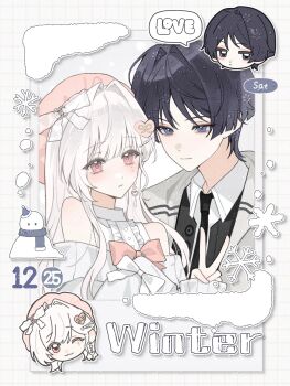 1boy 1girl alternate_costume artist_request beret black_hair black_necktie blunt_bangs blunt_ends blush bow closed_mouth coat commission commissioner_insert contemporary couple dated detached_sleeves disembodied_head dress earrings english_text eyelashes eyeliner formal_clothes genshin_impact hair_bow hair_intakes hat hayami_momo_(hayamimomo) heart heart_earrings hetero highres jewelry long_hair looking_at_another makeup necktie one_eye_closed original parted_lips pink_bow pink_eyes pink_hat purple_eyes red_eyeliner ribbed_sleeves scaramouche_(genshin_impact) second-party_source see-through_bow shirt sidelocks sleeve_bow smile snow snowflakes speech_bubble tsurime undershirt v watermark white_bow white_coat white_dress white_hair white_mouth white_shirt white_sleeves wing_collar wispy_bangs