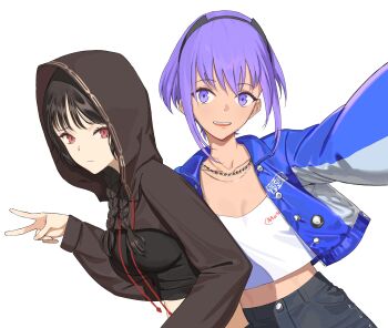 2girls absurdres black_hair blue_jacket braid breasts brown_hoodie brown_shrug closed_mouth commentary crop_top cropped_jacket english_text fate/prototype fate/prototype:_fragments_of_blue_and_silver fate/strange_fake fate_(series) flat_chest fudayasa hand_up hassan_of_serenity_(fate) highres hood hoodie jacket jewelry leaning_on_person long_sleeves looking_at_viewer medium_breasts midriff multiple_girls multiple_necklaces necklace no_name_assassin_(fate) parted_lips print_shirt purple_hair reaching reaching_towards_another red_eyes selfie shirt short_hair shrug_(clothing) sidelocks simple_background smile teeth twin_braids untranslatable_commentary upper_teeth_only white_background white_shirt