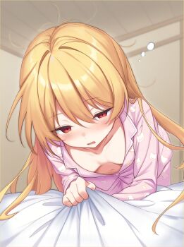 Rule 34 | 1girl, absurdres, all fours, alternate costume, alternate hairstyle, animal print, bed sheet, blonde hair, blush, breasts, breasts apart, cat print, commentary request, ghost villager, hair between eyes, hair down, hair intakes, hair over shoulder, hair spread out, half-closed eye, hangover, highres, indoors, irotoridori no sekai, long hair, looking at viewer, messy hair, navel, nikaidou shinku, nose blush, on bed, open clothes, open mouth, open shirt, pajamas, pink pajamas, pink shirt, print pajamas, print shirt, red eyes, sheet grab, shirt, sleepy, small breasts, solo, squeans, tsurime, very long hair, waking up