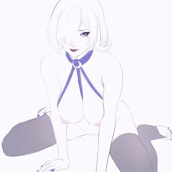 1girl ass ateoyh breasts cleft_of_venus eyelashes eyeliner eyeshadow facing_viewer furrowed_brow hair_over_one_eye highres large_breasts lips lipstick looking_at_viewer makeup medium_hair navel ninja_gaiden nipples nude purple_eyes purple_nails purple_rope pussy rope seori_(ninja_gaiden) simple_background sitting sketch skindentation solo spread_legs thighhighs thighs toes wariza white_hair