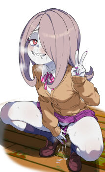 1girl black_socks blush bright_pupils brown_shoes brown_sweater buttons collared_shirt colored_skin commentary cutiemachina english_commentary female_ejaculation female_masturbation fingering fingering_through_clothes full_body grey_hair grey_skin grin gyaru hair_over_one_eye hand_up highres little_witch_academia loafers long_hair long_sleeves looking_at_viewer masturbation masturbation_through_clothes nail_polish neck_ribbon oral pale_skin panties pink_nails pink_panties pink_ribbon pink_skirt pocket raised_inner_eyebrows red_eyes ribbon sharp_teeth shirt shirt_under_sweater shoes skirt sleeves_past_wrists smile socks solo squatting steaming_body striped_ribbon sucy_manbavaran sweat sweater teeth through_clothes underwear v white_background white_pupils white_shirt wooden_floor