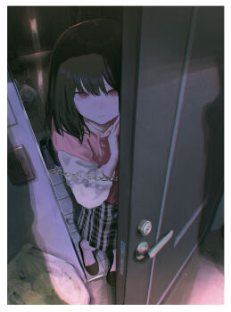 1girl @_@ absurdres against_door black_hair black_slippers border closed_mouth commentary_request door_chain doorway expressionless from_above from_outside hand_up highres hood hoodie kyano_(kyanora3141) light_particles long_sleeves looking_at_viewer medium_hair opening_door original pink_hoodie pov_doorway red_eyes skirt slippers solo standing sweat trash_bag white_border