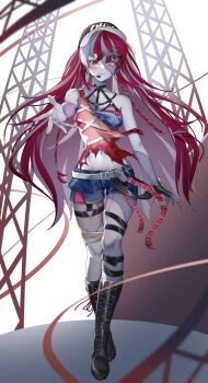 Rule 34 | 1girl, absurdres, alternate costume, bandeau, baseball cap, belt, black boots, black gloves, black hat, blue bandeau, blue shorts, blurry, blurry foreground, boots, breasts, chest harness, closed mouth, colored inner hair, colored skin, commentary, crop top, crossed ankles, demise (official makuu), depth of field, diamond-shaped pupils, diamond (shape), english commentary, full body, gloves, grey hair, grey skin, hair ornament, hairpin, halterneck, harness, hat, heterochromia, highres, hololive, hololive indonesia, knee boots, kureiji ollie, lace-up boots, long hair, looking at viewer, mismatched pupils, multicolored hair, multicolored skin, multiple hairpins, multiple thigh straps, o-ring, o-ring thigh strap, offering hand, outstretched hand, patchwork skin, plaid headscarf, reaching, reaching towards viewer, red eyes, red hair, red lips, red tank top, shorts, single glove, small breasts, smile, solo, stage, stitched arm, stitched face, stitched leg, stitched torso, stitches, symbol-shaped pupils, tank top, thigh strap, torn clothes, torn tank top, virtual youtuber, white belt, white skin, x-shaped pupils, x hair ornament, yellow eyes, zombie