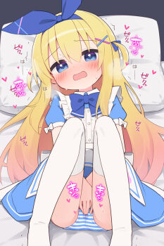 1girl alice&#039;s_adventures_in_wonderland alice_(alice_in_wonderland) alice_(ayanepuna) apron blonde_hair blue_apron blue_bow blue_bowtie blue_dress blue_eyes blue_hairband blue_panties blue_ribbon blush bow bow_hairband bowtie buttons commentary_request dress female_masturbation frilled_apron frills hair_ribbon hairband knees_up loli long_hair looking_at_viewer lying masturbation on_back on_bed open_mouth paid_reward_available panties pillow ribbon short_sleeves solo sound_effects stained_panties striped_clothes striped_panties sweat thighhighs two_side_up underwear white_thighhighs yuune_(ayanepuna)