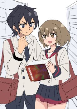 1boy 1girl :d absurdres bag black_hair black_necktie black_pants black_sailor_collar black_skirt blazer blue_eyes blush bob_cut box brown_bag brown_eyes brown_hair cowboy_shot ereka gundam gundam_build_divers gundam_build_divers_re:rise hair_between_eyes hair_ornament hairclip highres holding holding_box jacket kuga_hiroto miniskirt mukai_hinata necktie open_mouth pants pleated_skirt sailor_collar school_bag school_uniform serafuku shirt short_hair shoulder_bag sidelocks skirt smile v-shaped_eyebrows white_jacket white_shirt