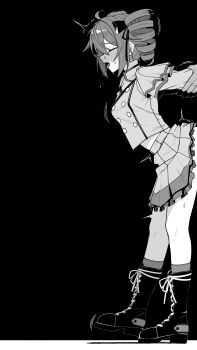 Rule 34 | 1girl, drill hair, from side, grabbing another's arm, implied sex, kasane teto, kynation, monochrome, sex, sex from behind, skirt, standing, standing sex, twin drills, utau