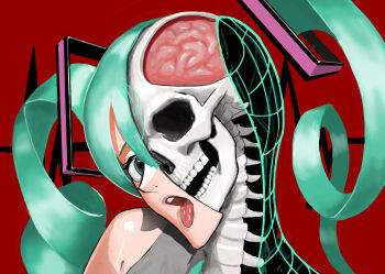 1girl absurdres aqua_eyes aqua_hair brain cross-section grey_shirt hatsune_miku highres kowasu1 long_hair open_mouth red_background shirt skull solo spine tongue tongue_out twintails vocaloid what x-ray